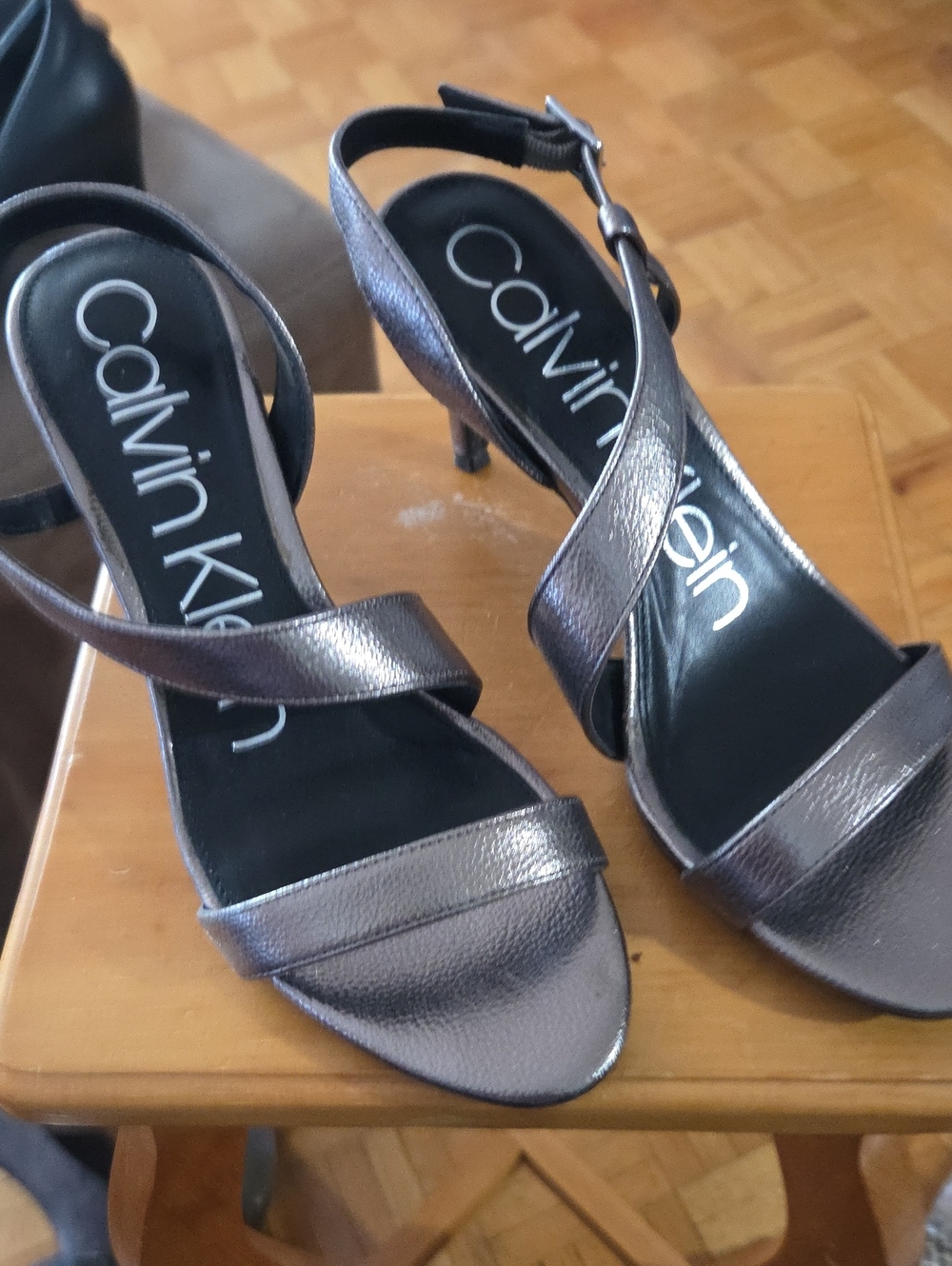 Calvin Klein Metallic Pewter Strappy Slingback Heels